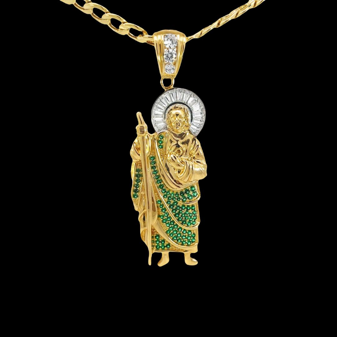 14kt San Judas Pendant with Green Stones