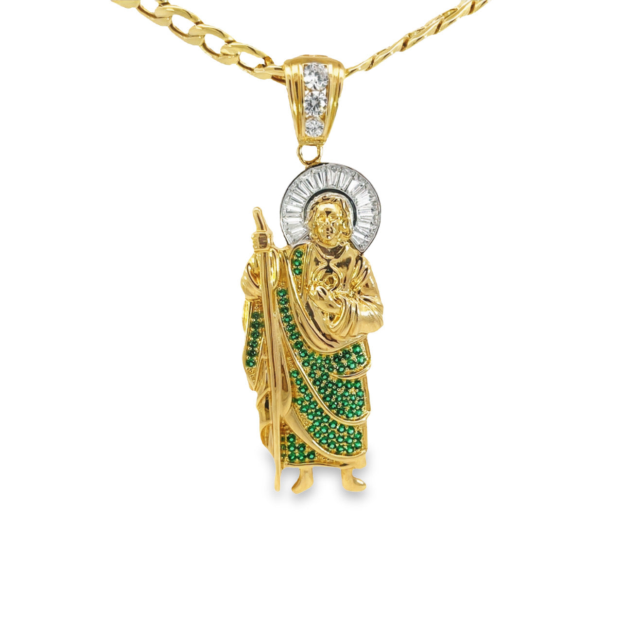 14kt San Judas Pendant with Green Stones