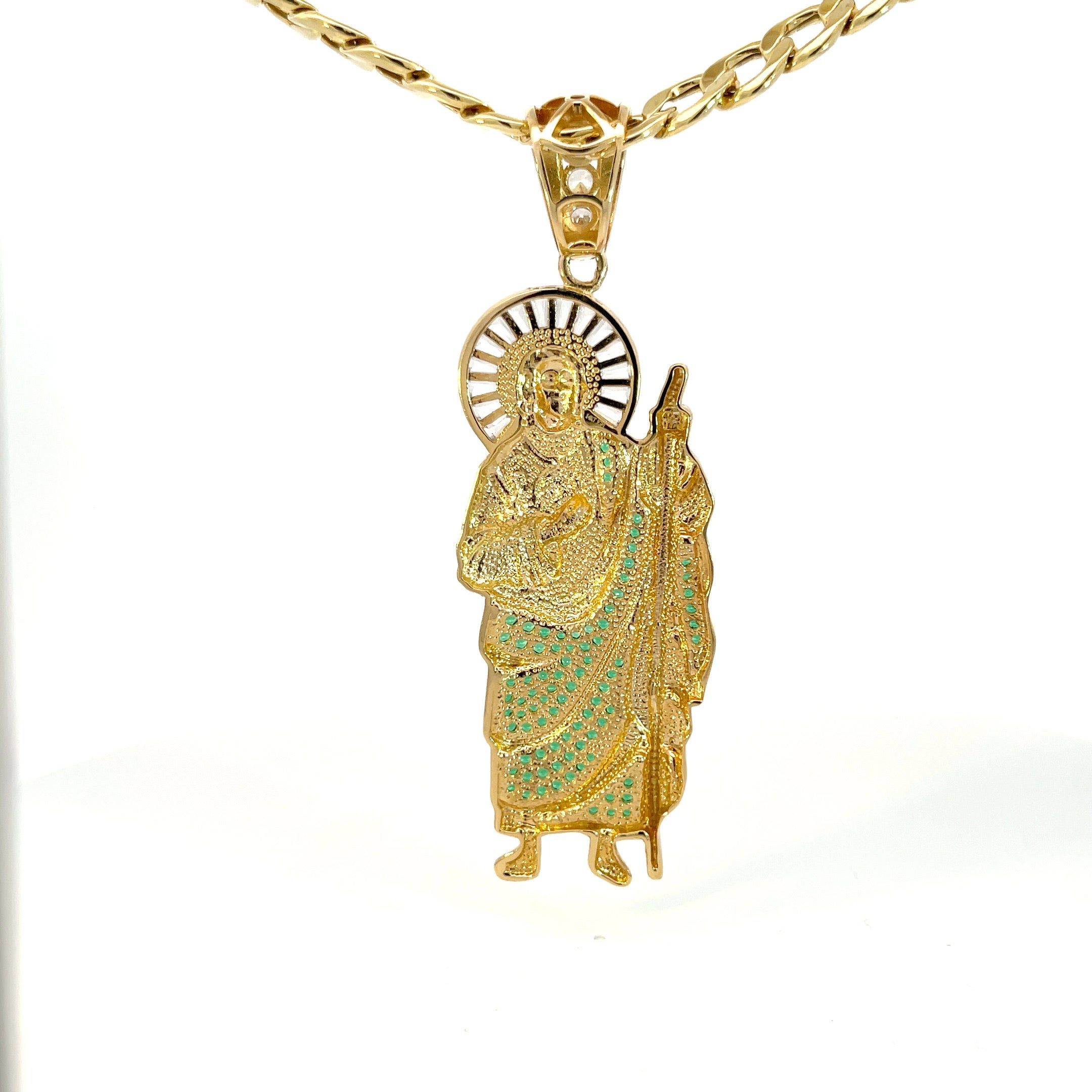 14kt San Judas Pendant with Green Stones